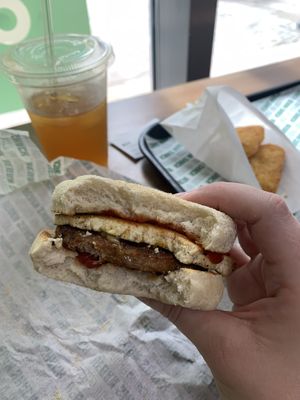 Breakfast muffin, hash browns & sweet iced tea ❤️  at Vegan Shack - Piccadilly Gardens in Manchester