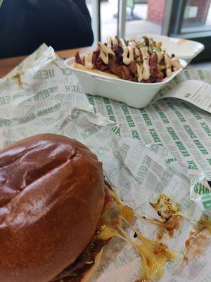 Shack Burger and BBQ loaded fries at Vegan Shack - Piccadilly Gardens in Manchester