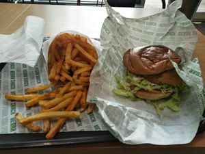 Regular fries & chick'n burger at Vegan Shack - Piccadilly Gardens in Manchester