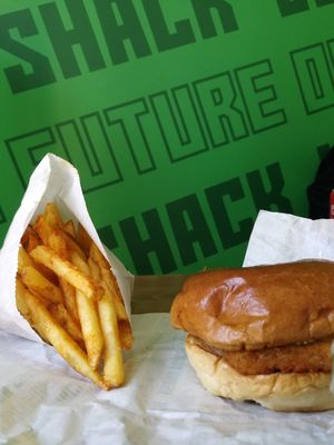 Shack fries and Faux Fish Fillet (with vegan cheese & Tartar sauce). The faux fish  is amazing! at Vegan Shack - Piccadilly Gardens in Manchester