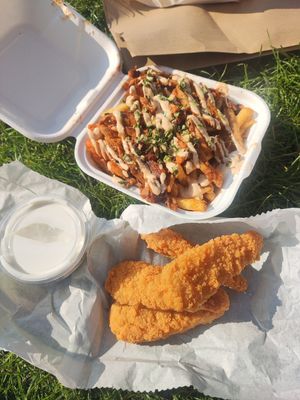 Loaded fries, chicken tenders and garlic mayo at Vegan Shack - Piccadilly Gardens in Manchester