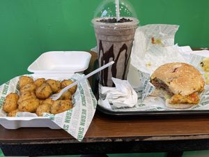 Big Mock Burger, Tater tots, Oreo Milkshake yum!  at Vegan Shack - Piccadilly Gardens in Manchester