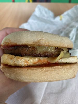 Sausage and tofu muffin with cheese and sauce   at Vegan Shack - Piccadilly Gardens in Manchester