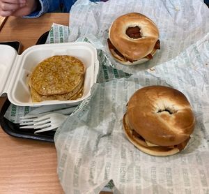 Pancakes (left) / 2 Breakfast Bagels   at Vegan Shack - Piccadilly Gardens in Manchester