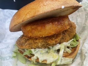 Chkn burger with hashbrown   at Vegan Shack - Piccadilly Gardens in Manchester