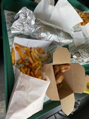 Doner Wrap, chicken Wrap, Vegan Shack Fries and Wings at Vegan Shack - Piccadilly Gardens in Manchester