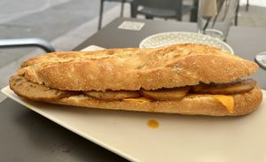 Bocadillo de Vegalomo y queso/ pork tenderloin and cheese sandwich  at La Pajareria in Madrid