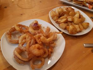 Onion rings and bravas (w/o the sauce) at La Pajareria in Madrid