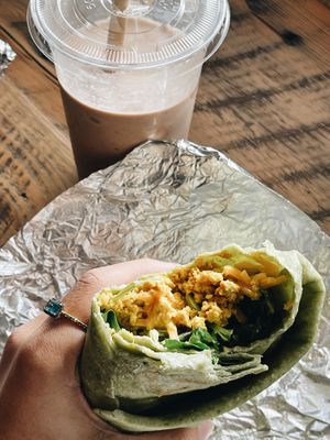 Inside wrap is spinach and tofu scramble with cheeze   at The Juice Jar in Erie