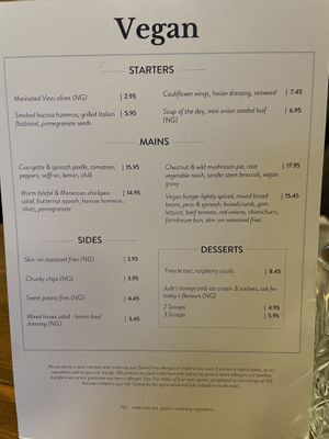 Vegan menu  at The Lion at Wendlebury in Bicester