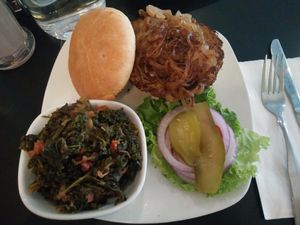 vegan hazelnut burger with some kale stuff at Dick's Kitchen in Portland