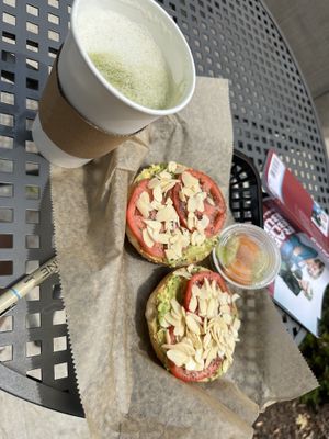 Avocado bagel & matcha latte  at café SoL in Niantic