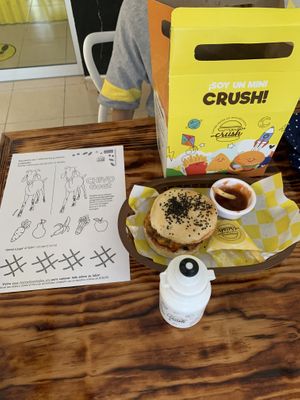 Kids menu with burger, fries and water at Crush in Merida