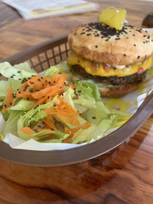Burger with salad at Crush in Merida
