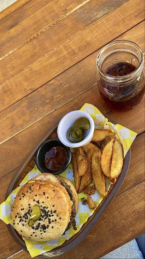 Burger + iced Jamaica tea   at Crush in Merida