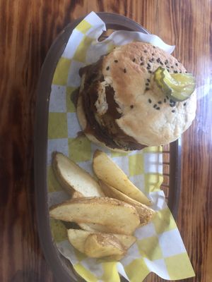 Bae burger (beyond patty with bbq, grilled pineapple, and an onion ring)  at Crush in Merida