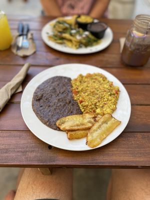 Scrambled eggs with beans and banana  at Crush in Merida