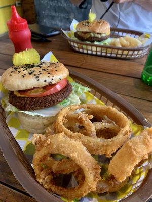 Lentil burger and onion rings 😍  at Crush in Merida