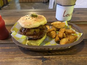 The bar burger and fries  at Crush in Merida