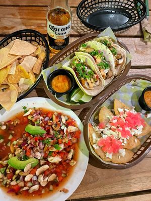 Mushroom ceviche with tortilla chips, tacos baja & “dogfish” empanadas  at Crush in Merida