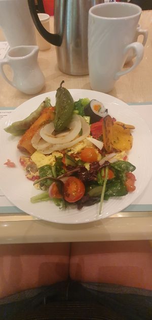 Just egg omelette, salad, roasted vegetables, sushi and spring rolls at Wynn Hotel - The Buffet in Las Vegas