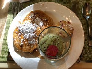 Pancakes, muffin and matcha tapioca pudding yum. at Wynn Hotel - The Buffet in Las Vegas