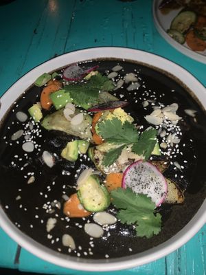 Vegan empanadas- lovely rich cocoa and chilly sauce with plantain empanada  at Xhuba in Playa Zipolite