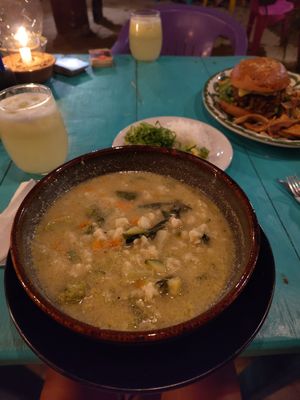 huge bowl of Pozole verde at Xhuba in Playa Zipolite