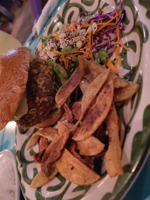 Hamburguesa de hongos (normally without queso) at Xhuba in Playa Zipolite