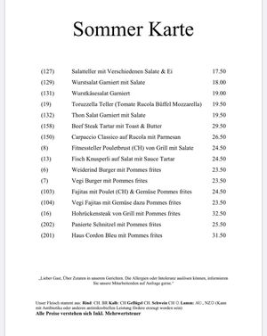 Sommer Karte mit Vegi Optionen at Restaurant zur Au in Adliswil