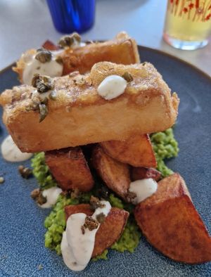 Vegan To-fish fingers with potatoes, peas, capers and tartar sauce at The Hungry Gull in Isle Of Skye