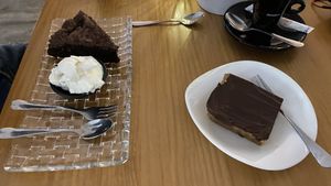 Yummy chocolate cake and chocolate fudge square  at Sweets n Cones with Orlandi Gelato  in Los Alcazares