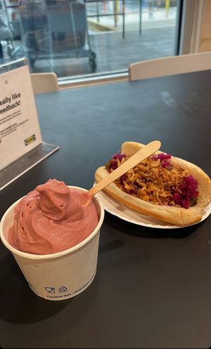 Strawberry ice cream and veggie hot dog at IKEA in Orlando