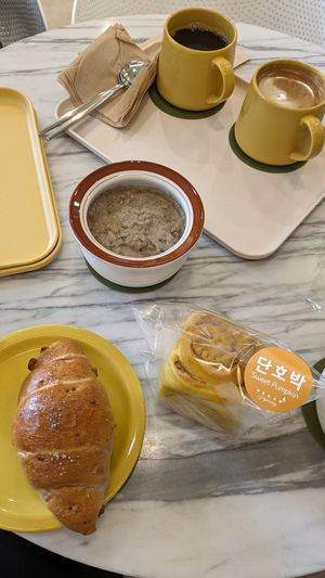 Croissant, mushroom soup, pumpkin bread at Vegan Veganing in Seoul