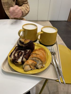 Salted butter pastry + rice and chocolate bread + vegan coffee milk  at Vegan Veganing in Seoul