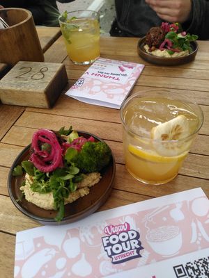 Kofte with hummus and elderflower drink at Vegan Food Tour Utrecht in Utrecht