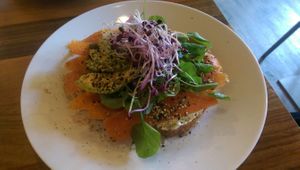THE BEST sandwich: herby creamcheese and homemade vegan smoked salmon from carrot at First Eet in Arnhem
