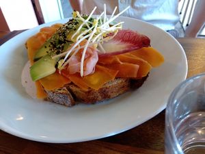 'Salmon' open-faced sandwich with carrot and avocado at First Eet in Arnhem