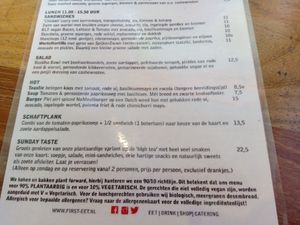 Menu with salad, soup, burger, soup and salad, toastie and Sunday taster (advance booking only) at First Eet in Arnhem
