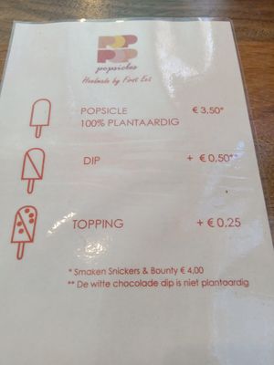 Popsicle pricing (go inside for all the flavours!) at First Eet in Arnhem
