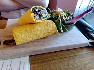 Carrot tortilla with oyster mushroom, tzatziki, cress and avocado at First Eet in Arnhem