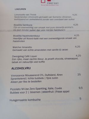 Alcohol and alcohol-free menu (June 2025) at First Eet in Arnhem