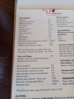 Coffee and tea menu (June 2025) at First Eet in Arnhem