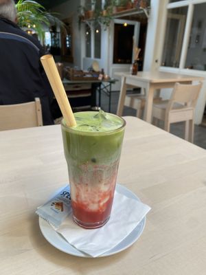 Iced strawberry matcha latte with soy milk: tasty, but the strawberry tasted like a strawberry sauce rather than fresh strawberries.  at First Eet in Arnhem
