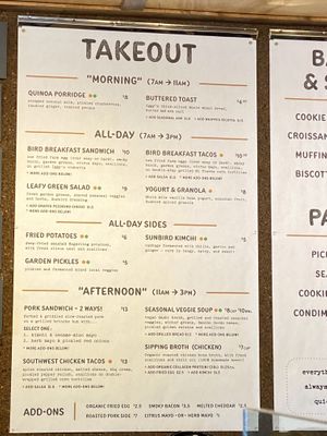 Takeout menu  at Sunbird Cape Cod in Orleans