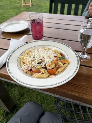 Pasta primavera and an Non-Alcoholic blueberry mojito (except they were out of mint),  but it was still fantastic!  at Jordan Pond House in Mount Desert Island