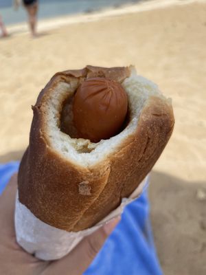 Veggie dog with pineapple relish and Hawaiian mustard  at Puka Dog in Koloa