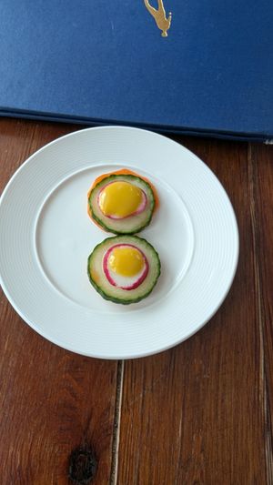 A vegan starter from the chef. Fresh veggies with a drop of mustard at Havana in Bar Harbor