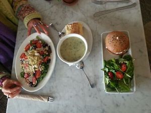 Salad, soup and Hash burger at Freesoulcaffe in Tustin