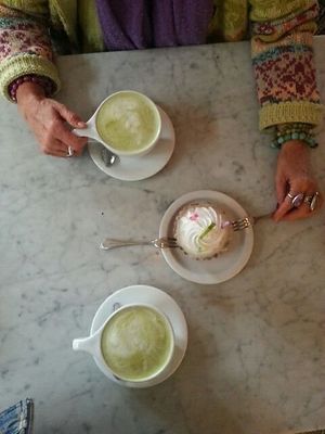 Key lime pie and Matcha latte with almond mylk at Freesoulcaffe in Tustin